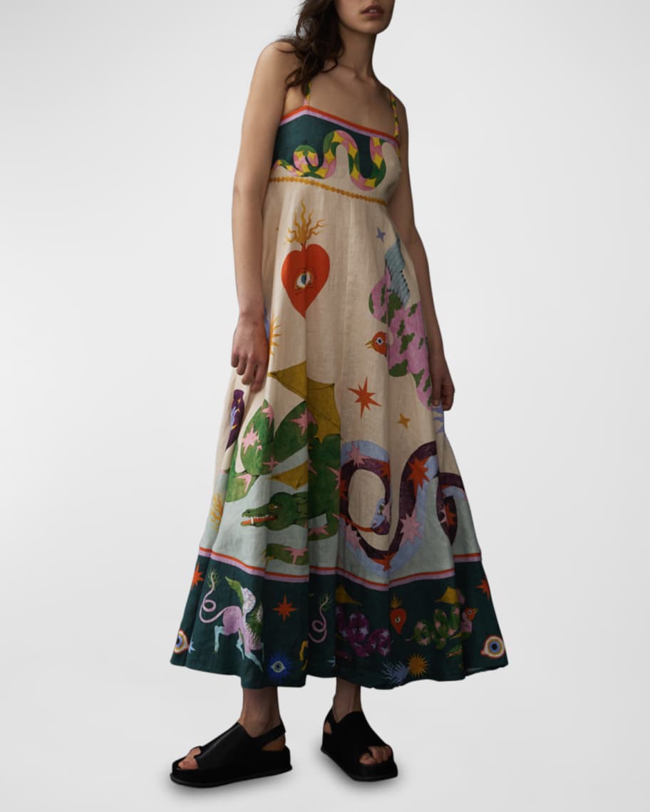 ALEMAIS Seeker Printed Linen Midi Empire Dress | Neiman Marcus