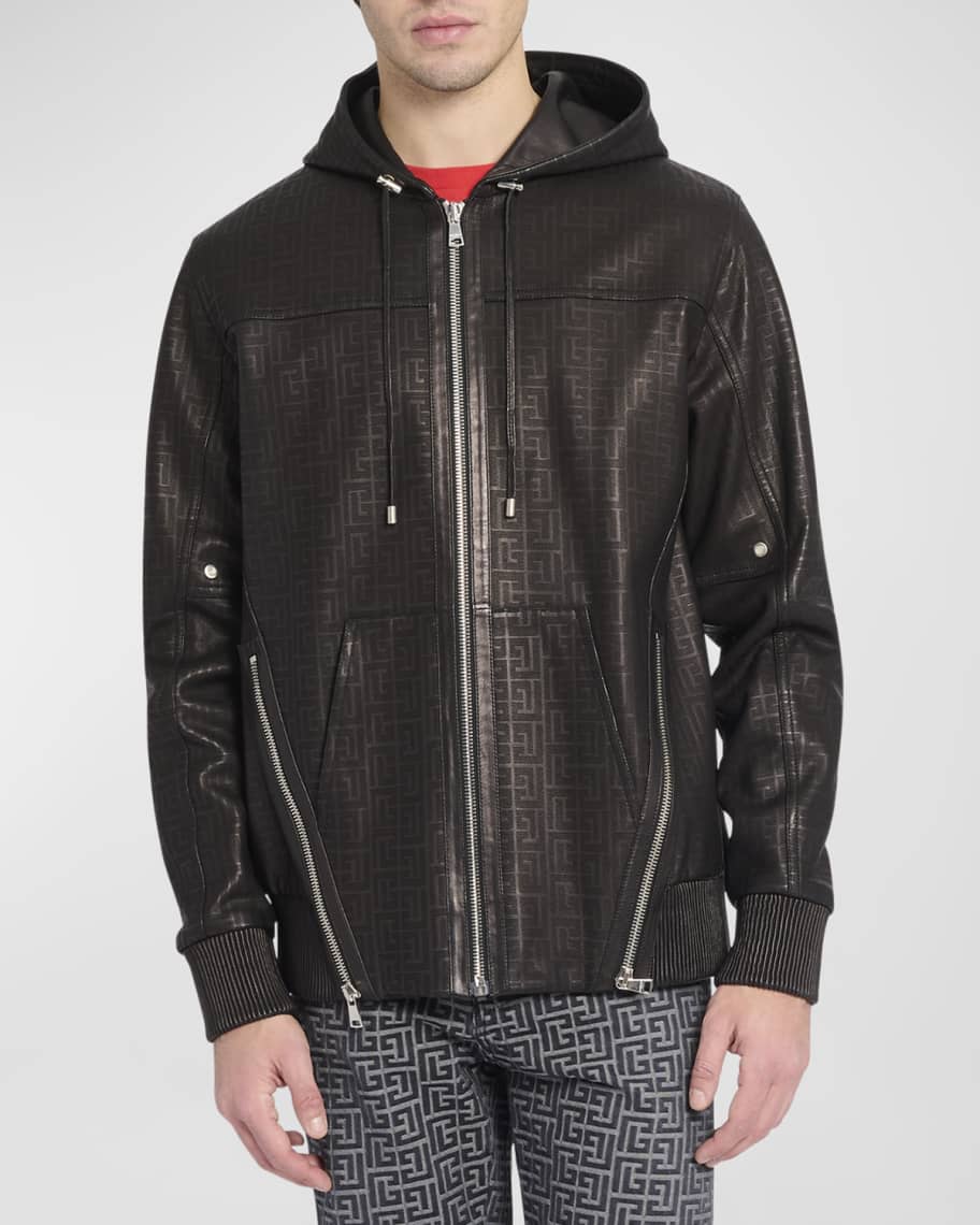 hektar Converge kost Balmain Men's Monogram Leather Full-Zip Hooded Jacket | Neiman Marcus