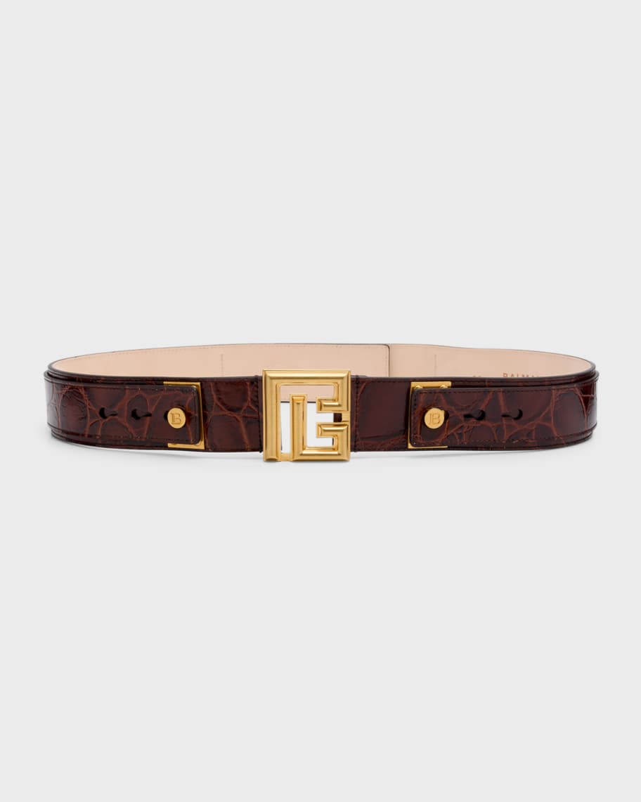 Balmain PB Croc-Embossed Leather Belt - 45MM | Neiman Marcus