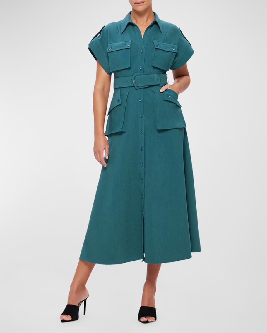 LEO LIN Audrey Short-Sleeve Pocket Midi Shirtdress | Neiman Marcus