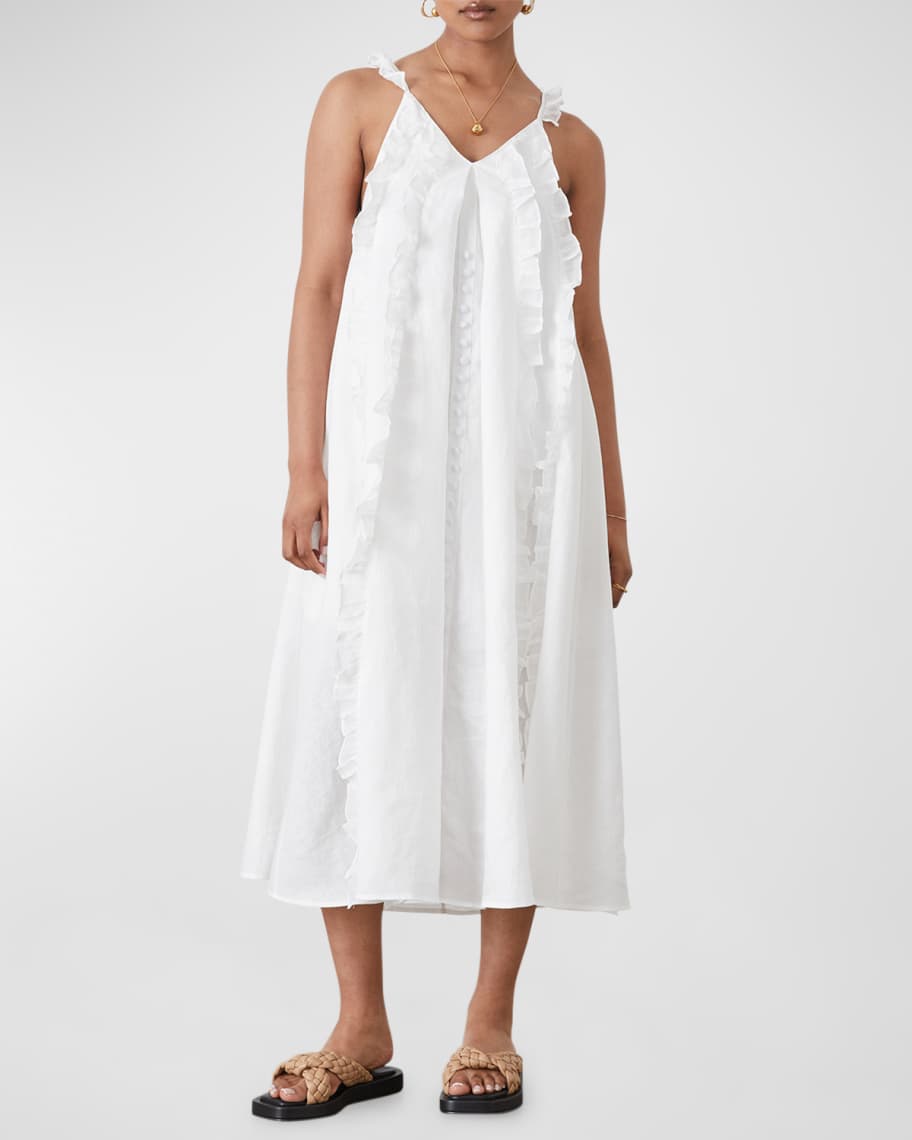 JOSLIN Isobella Sleeveless Ruffle Linen Midi Dress | Neiman Marcus