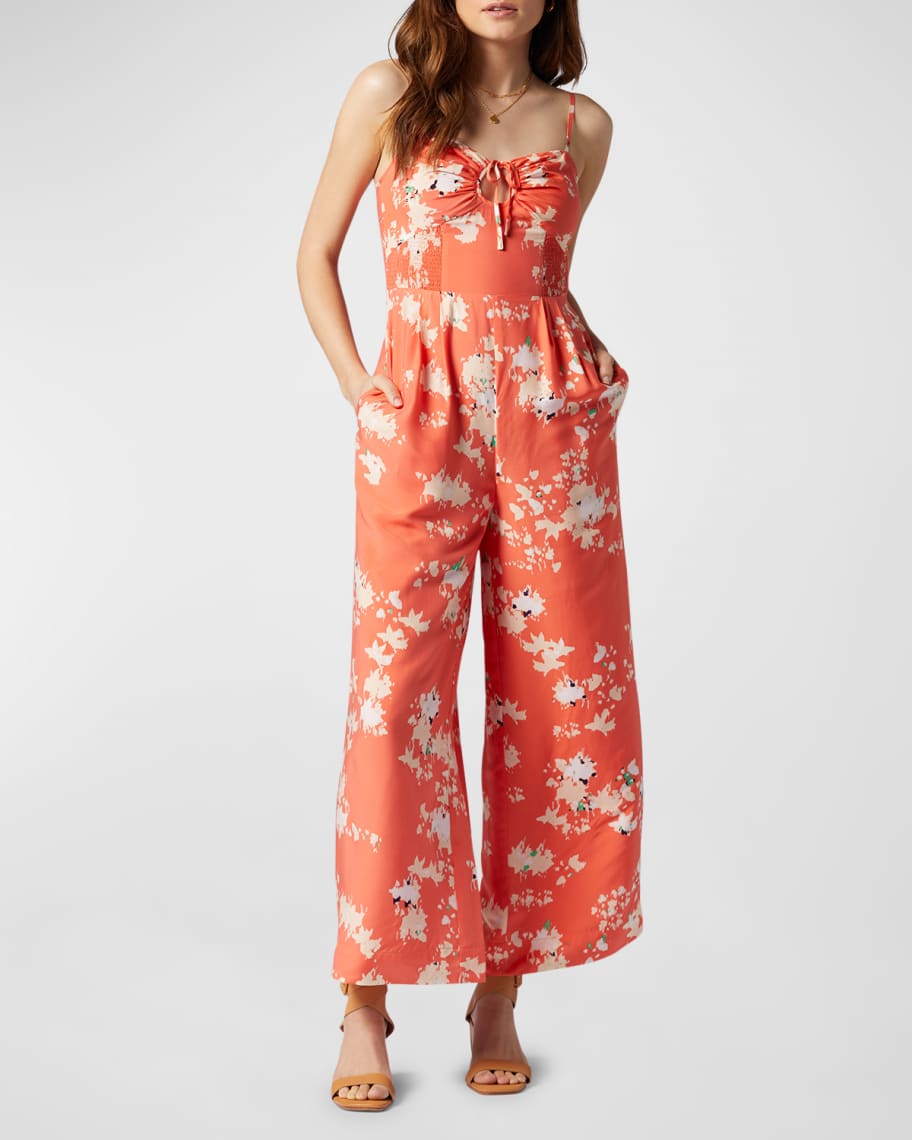 Maroon Floral Print Tie Bust Wide Leg Jumpsuit