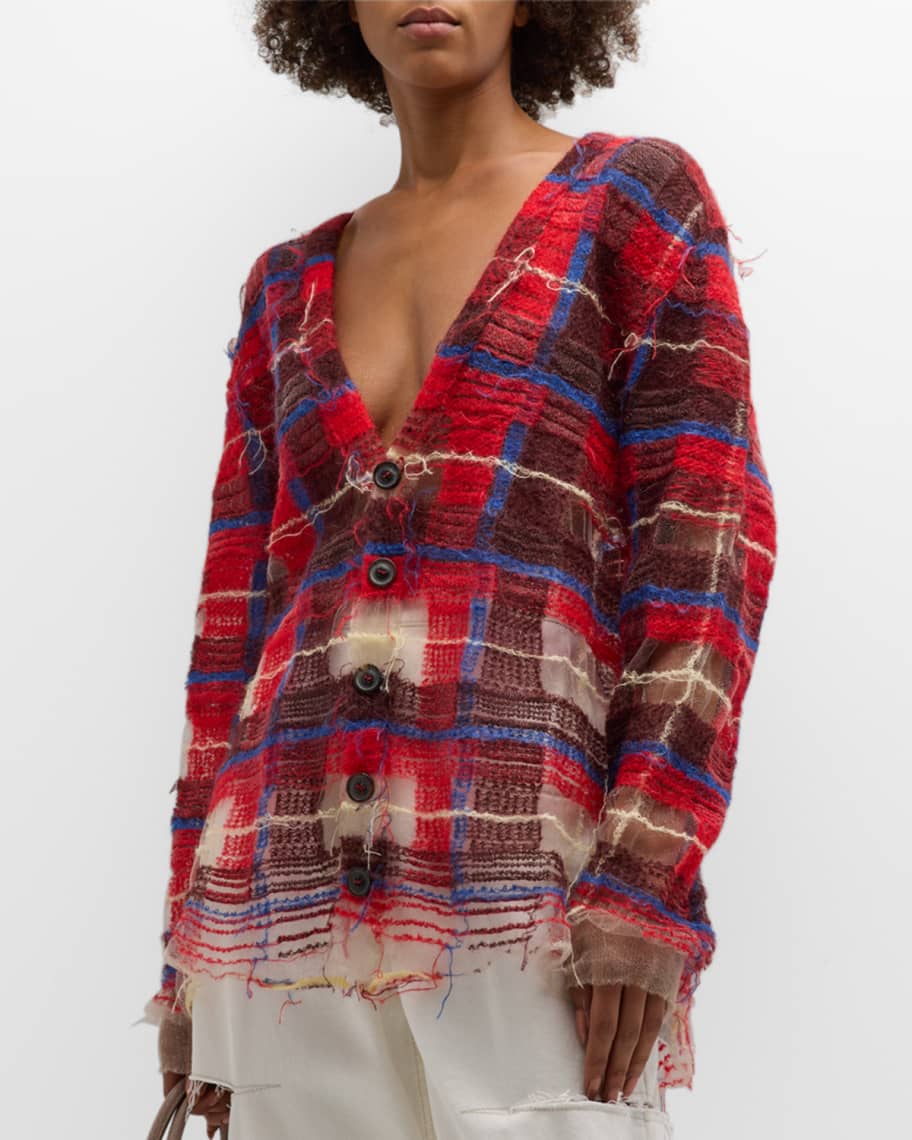 Maison Margiela Mohair Plaid Cardigan with Mesh Inset Details