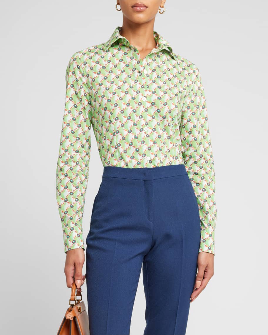 Etro Micro Floral-Print Cotton Collared Shirt | Neiman Marcus