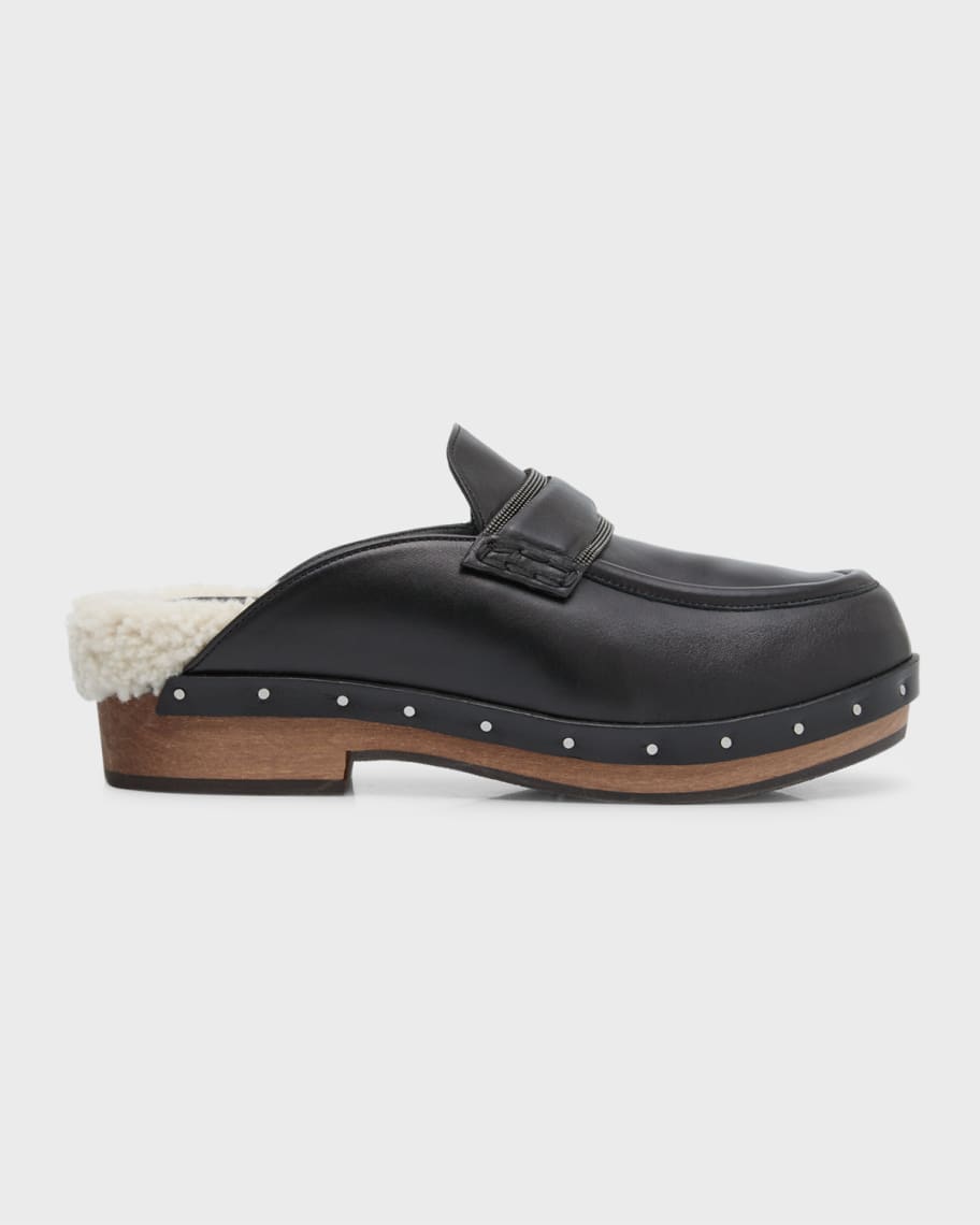 Brunello Cucinelli Leather Shearling Slide Loafer Clogs | Neiman Marcus