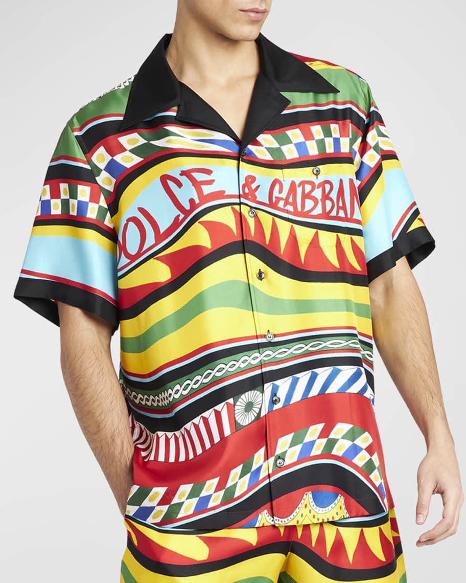 Dolce&Gabbana Men's Carretto Printed Silk Camp Shirt