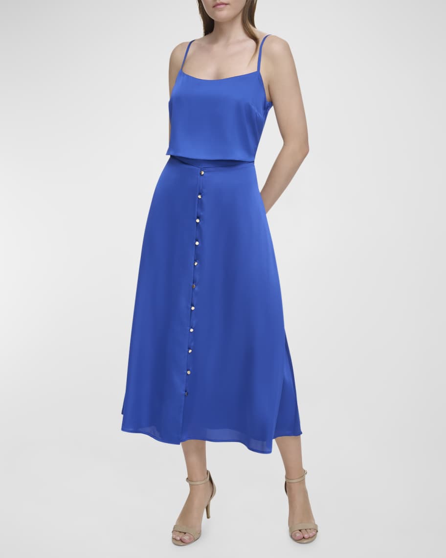Donna Karan Sleeveless Button-Front Sateen Midi Dress | Neiman Marcus
