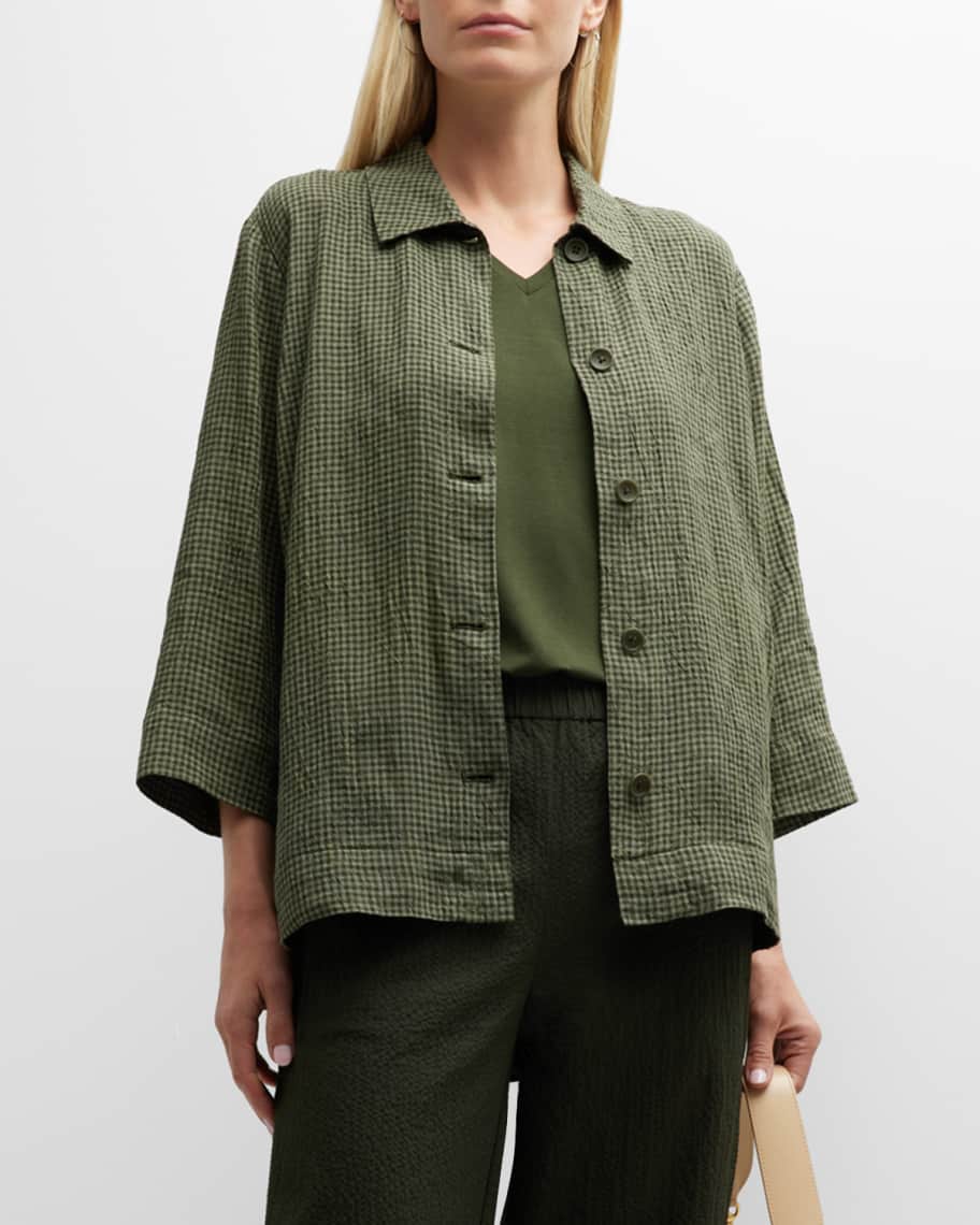Eileen Fisher Petite Crinkled Check Button-Down Jacket | Neiman Marcus