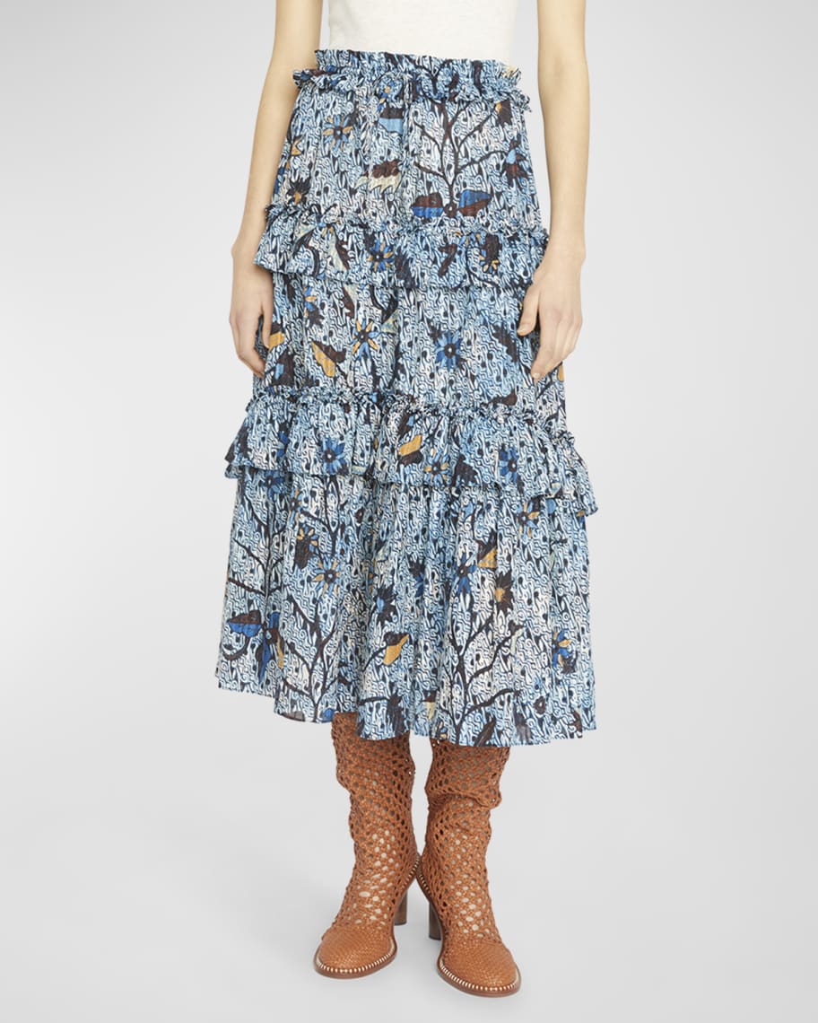 Ulla Johnson Josette Tiered Ruffle Floral Midi Skirt | Neiman Marcus