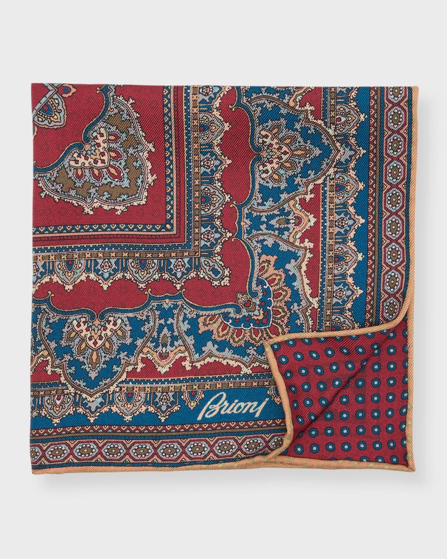 Image 1 of 1: Men's Double-Face Medallion and Circle Silk Pocket Square