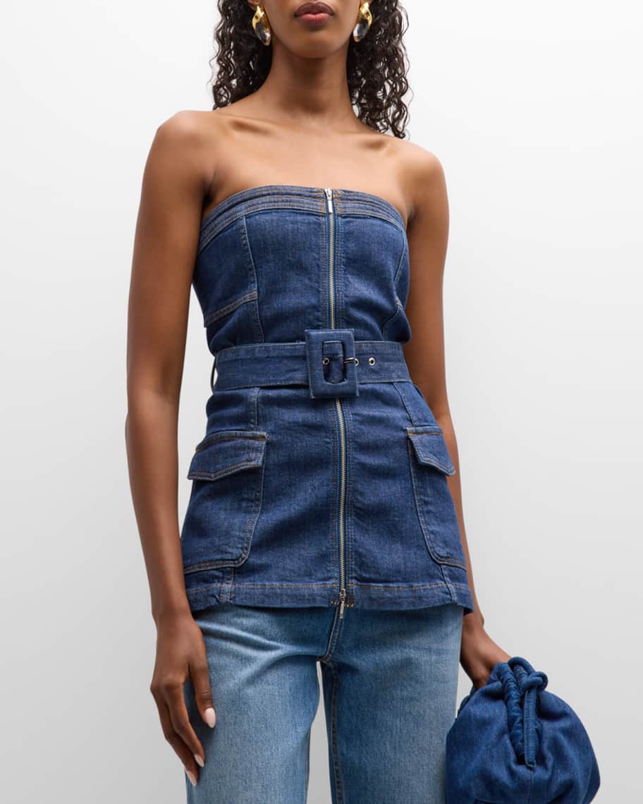 SIMKHAI Kota Belted Denim Strapless Bustier Top | Neiman Marcus