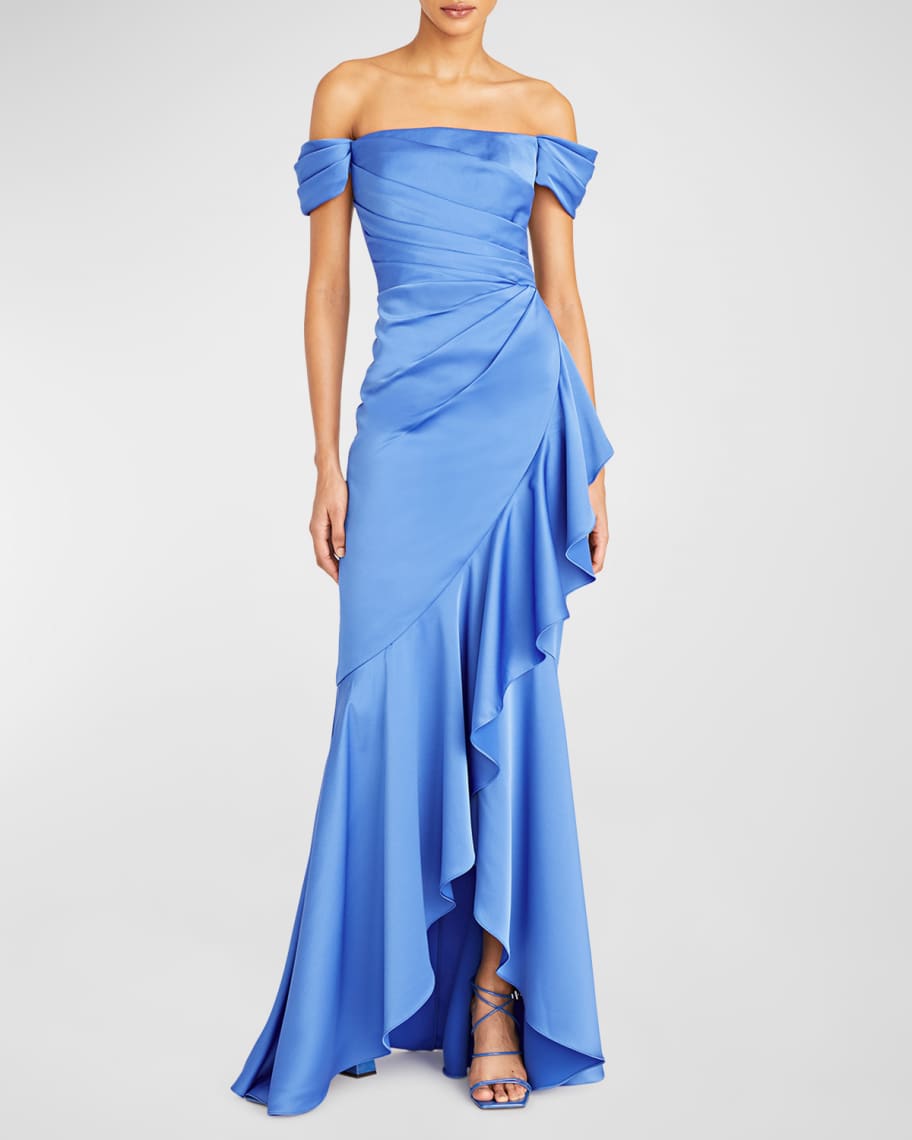 Theia Bailey Pleated Off-Shoulder Ruffle Gown | Neiman Marcus
