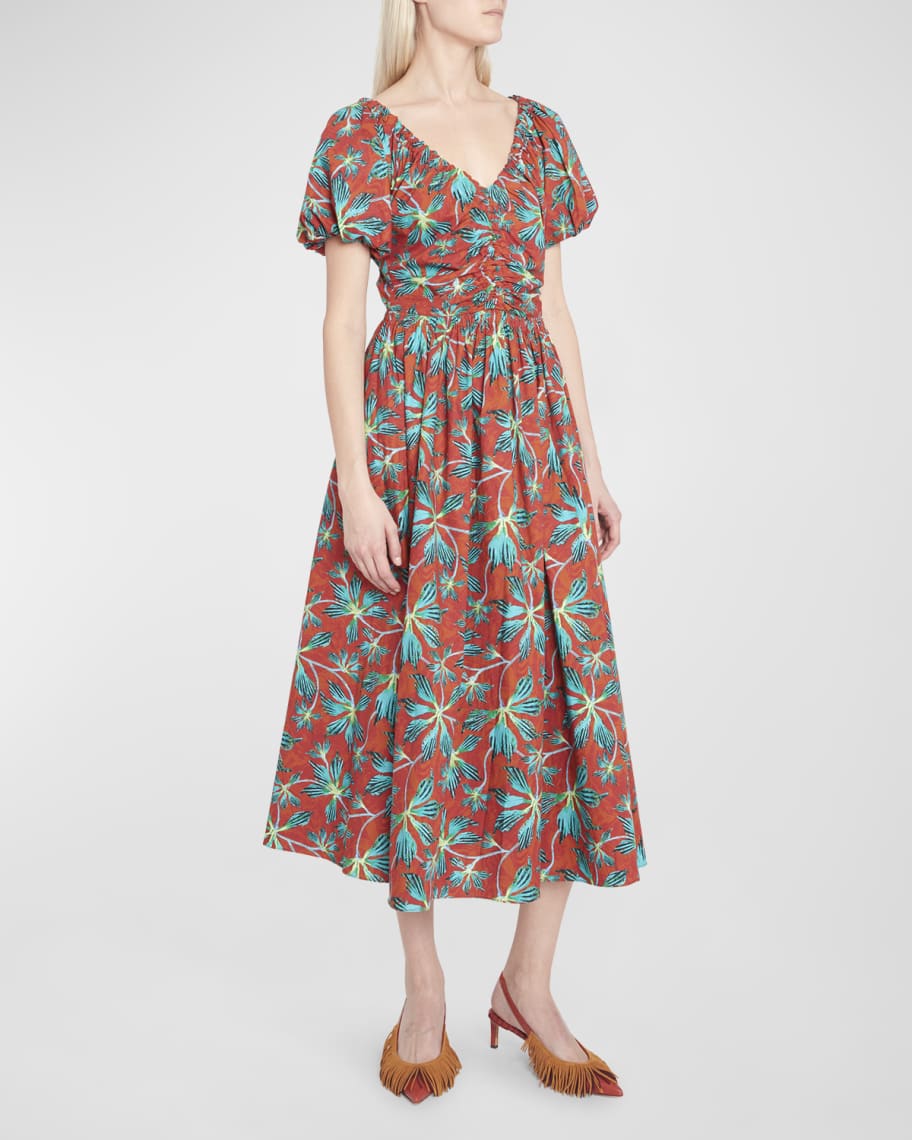 Ulla Johnson Cecile Puff-Sleeve Printed Cotton Midi Dress | Neiman Marcus