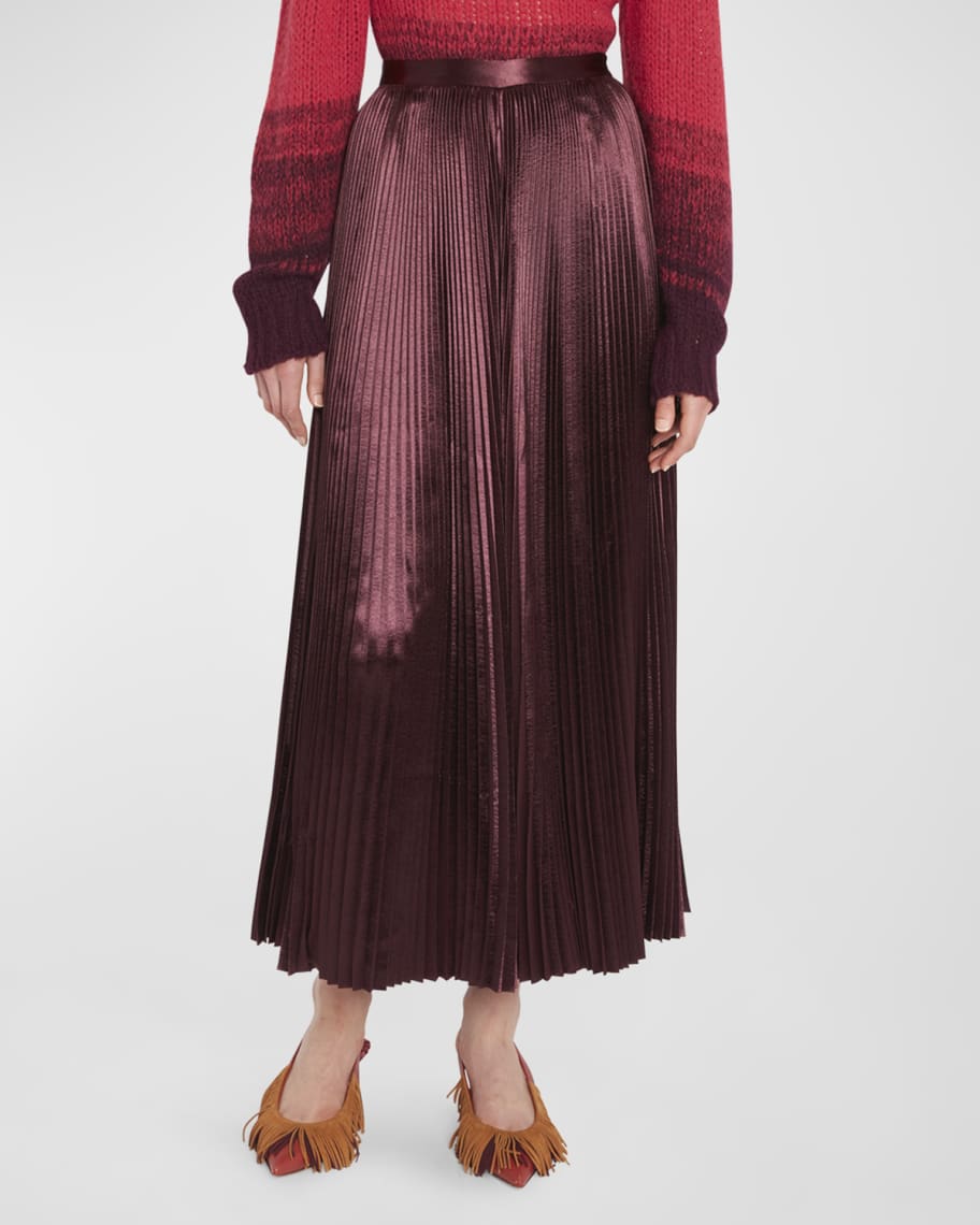 Ulla Johnson Rami Shiny Pleated Floral Satin Midi Skirt | Neiman Marcus