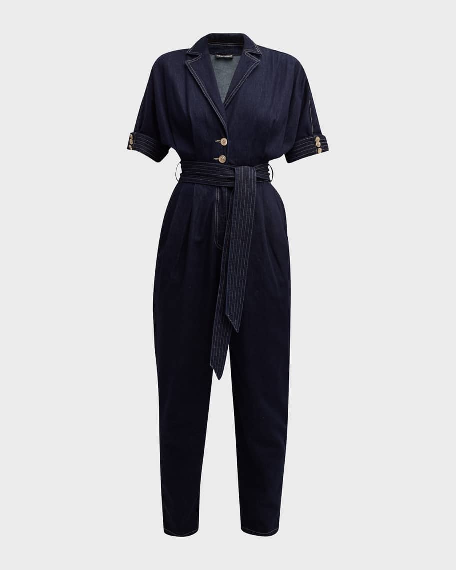 Emporio Armani Pleated Belted Denim Jumpsuit | Neiman Marcus