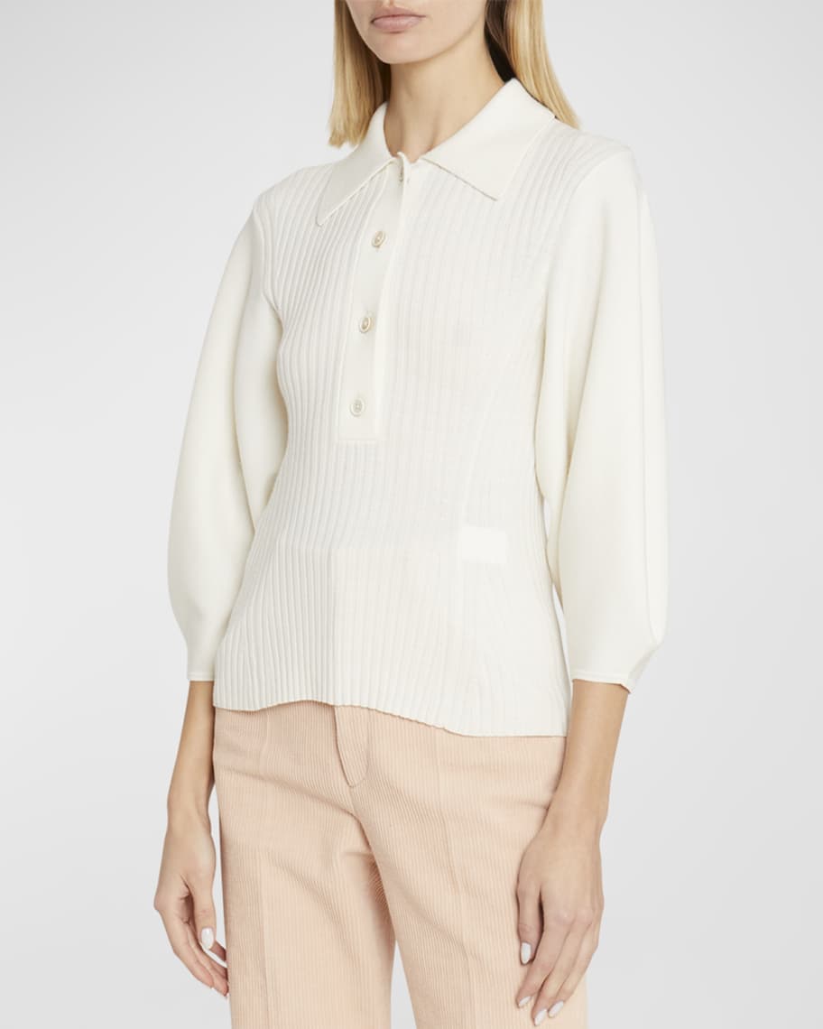 Chloe Lower Impact Wool Rib Knit Blouson-Sleeve Polo Top