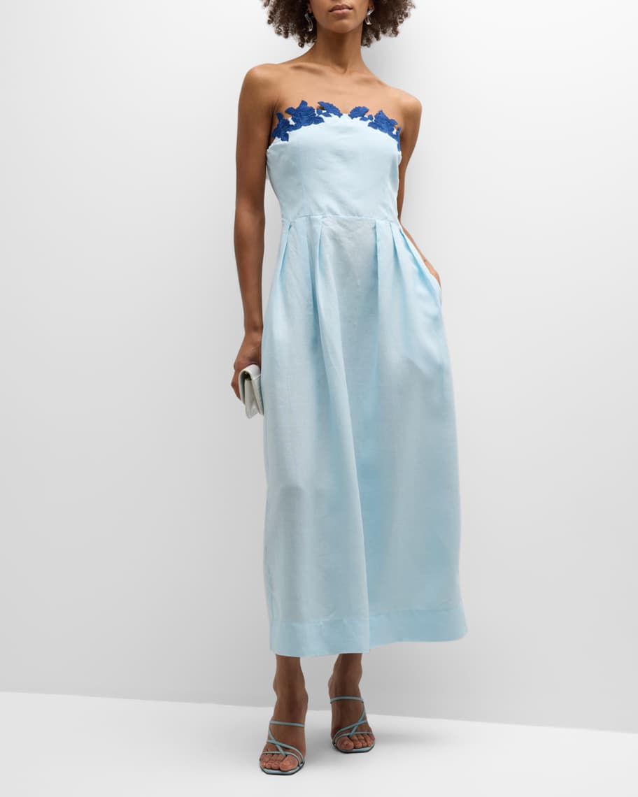 FANM MON Lorr Strapless Embroidered Linen Midi Dress | Neiman Marcus