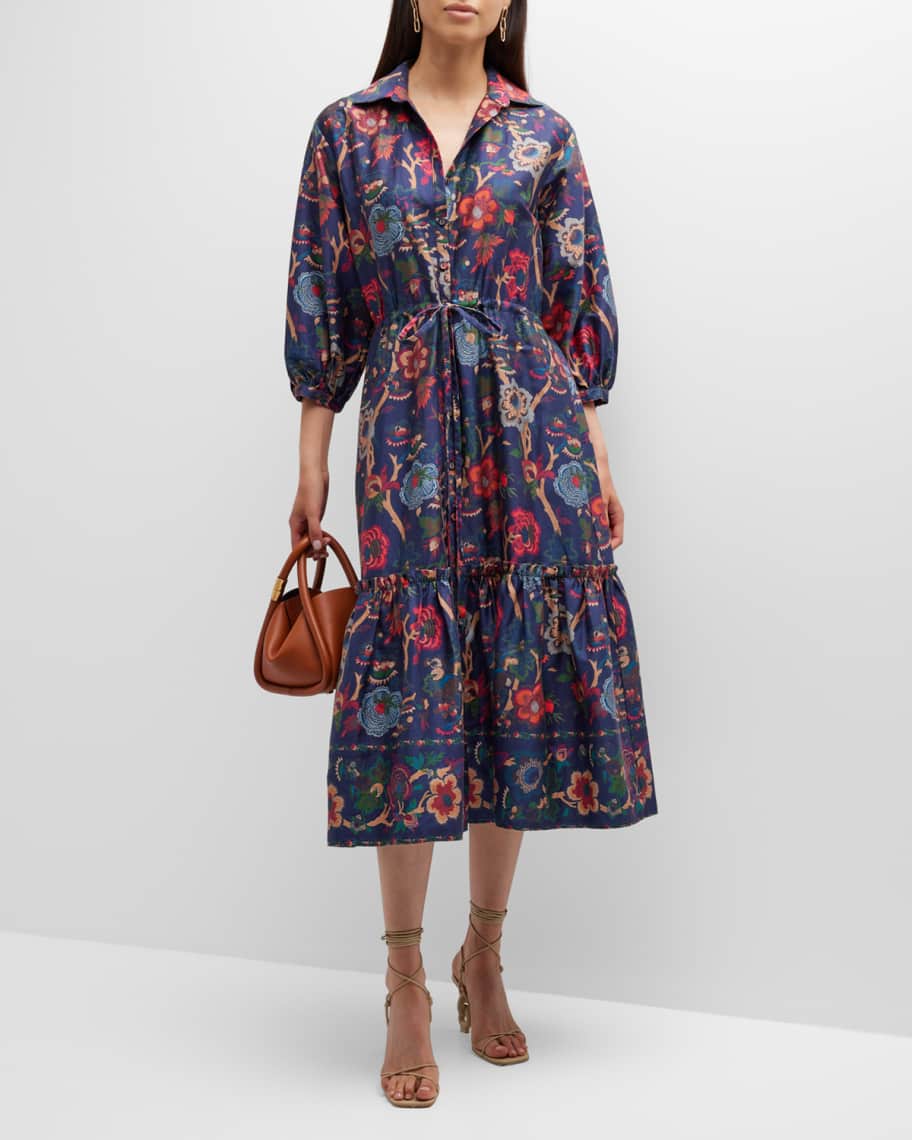 Cara Cara Hutton Floral Poplin Collared Midi Dress | Neiman Marcus
