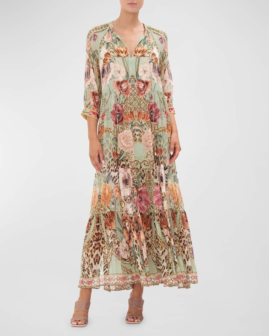 Camilla Grow & Glow Long Gathered Paneled Floral Silk Dress | Neiman Marcus