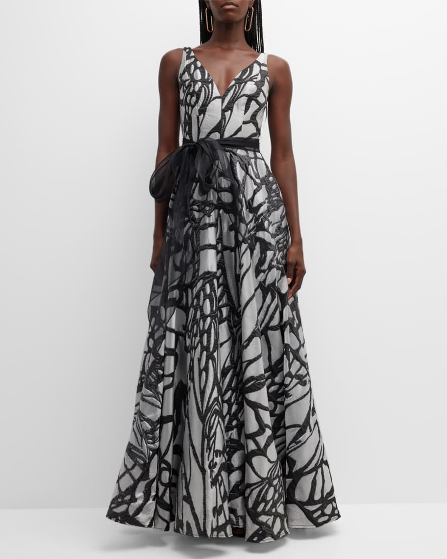 Rene Ruiz Collection Sleeveless V Neck Jacquard Ball Gown Neiman