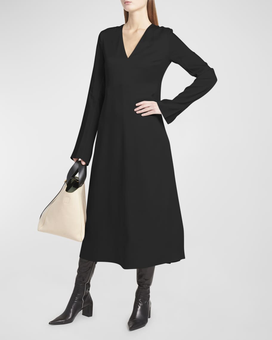 Jil Sander V-Neck Long-Sleeve Satin Midi Dress | Neiman Marcus