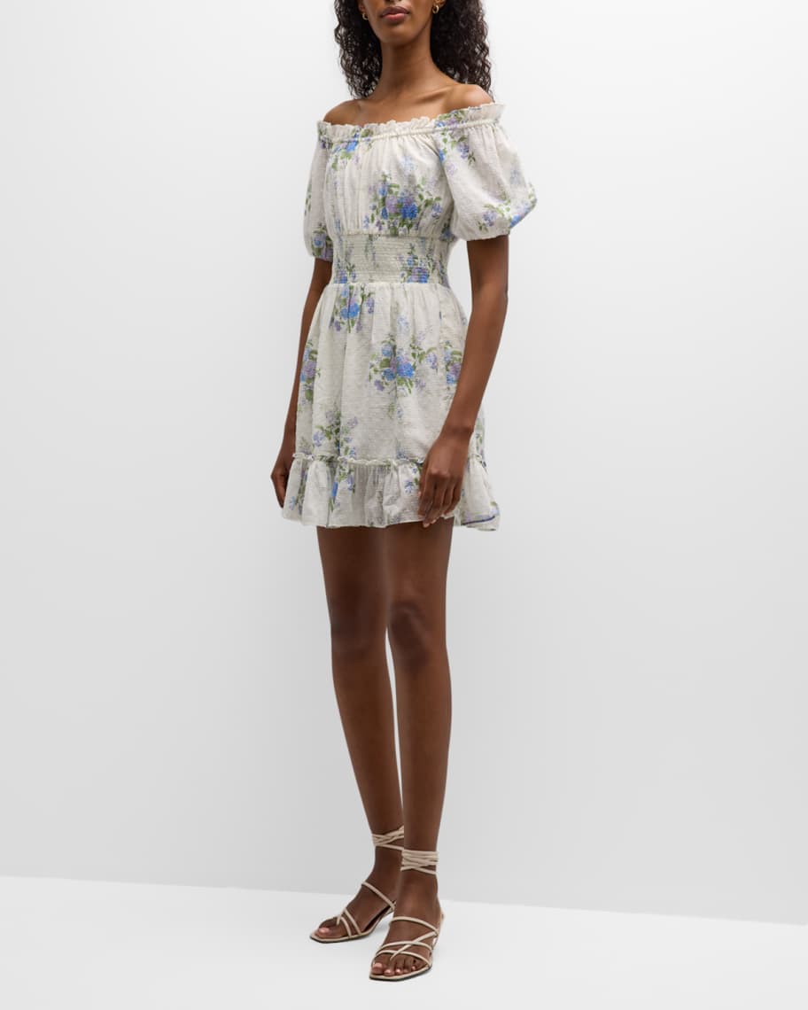 LoveShackFancy Smocked Floral Puff-Sleeve Mini Dress | Neiman Marcus