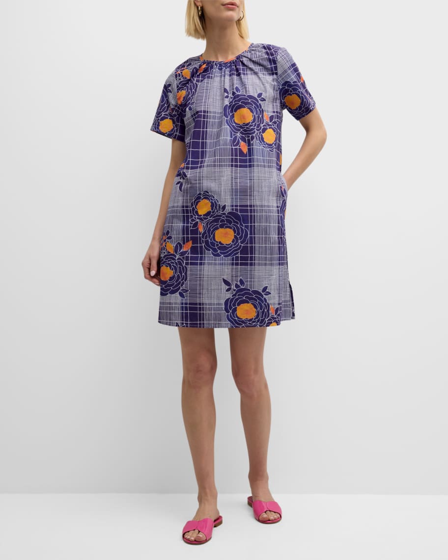 Frances Valentine Mags Plaid Floral-Print Mini Shift Dress | Neiman Marcus