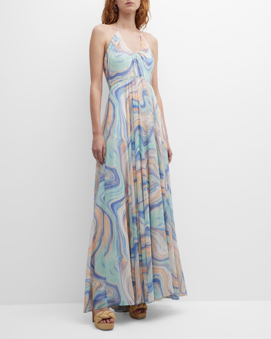 Liv Foster Sleeveless Swirl-Print Chiffon Maxi Dress | Neiman Marcus