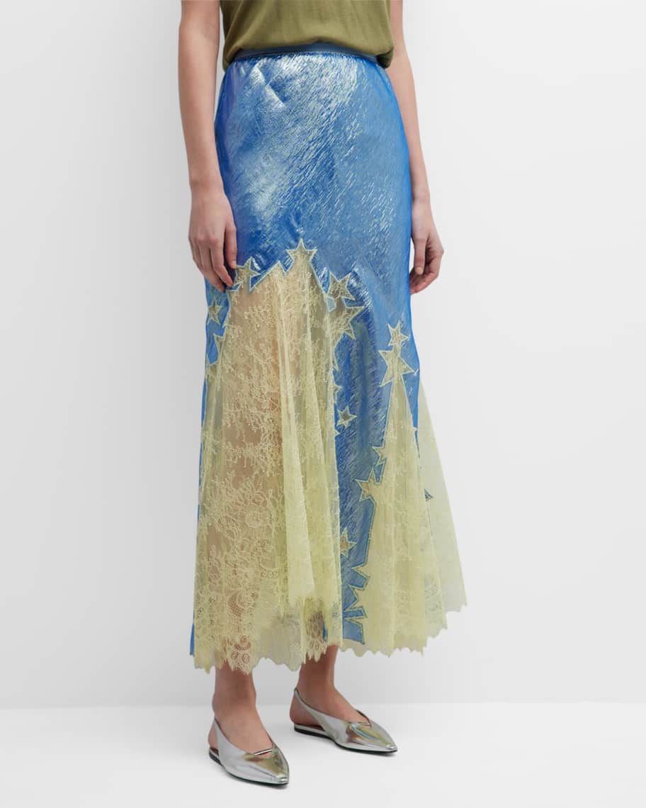 Tory Burch Embroidered Lace-Inset Silk Midi Skirt | Neiman