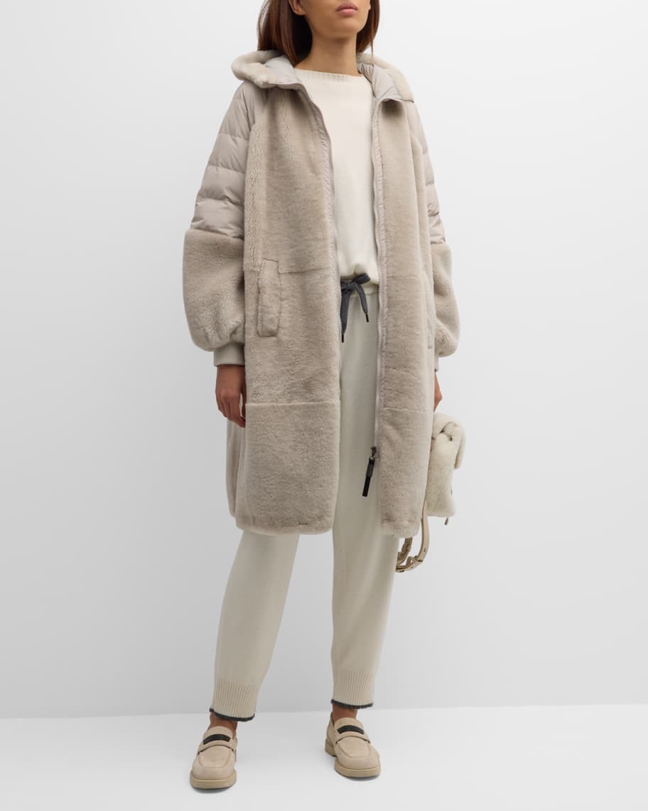 Brunello Cucinelli Padded-Sleeves Sheep Shearling Zip Hooded Coat