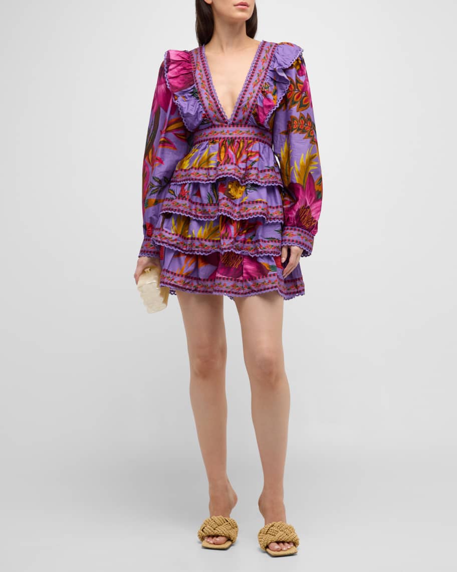 knee length dresses for ladies Farm Rio Yellow Painted Flowers Tiered Midi Dress Print Size Small / A main image 1