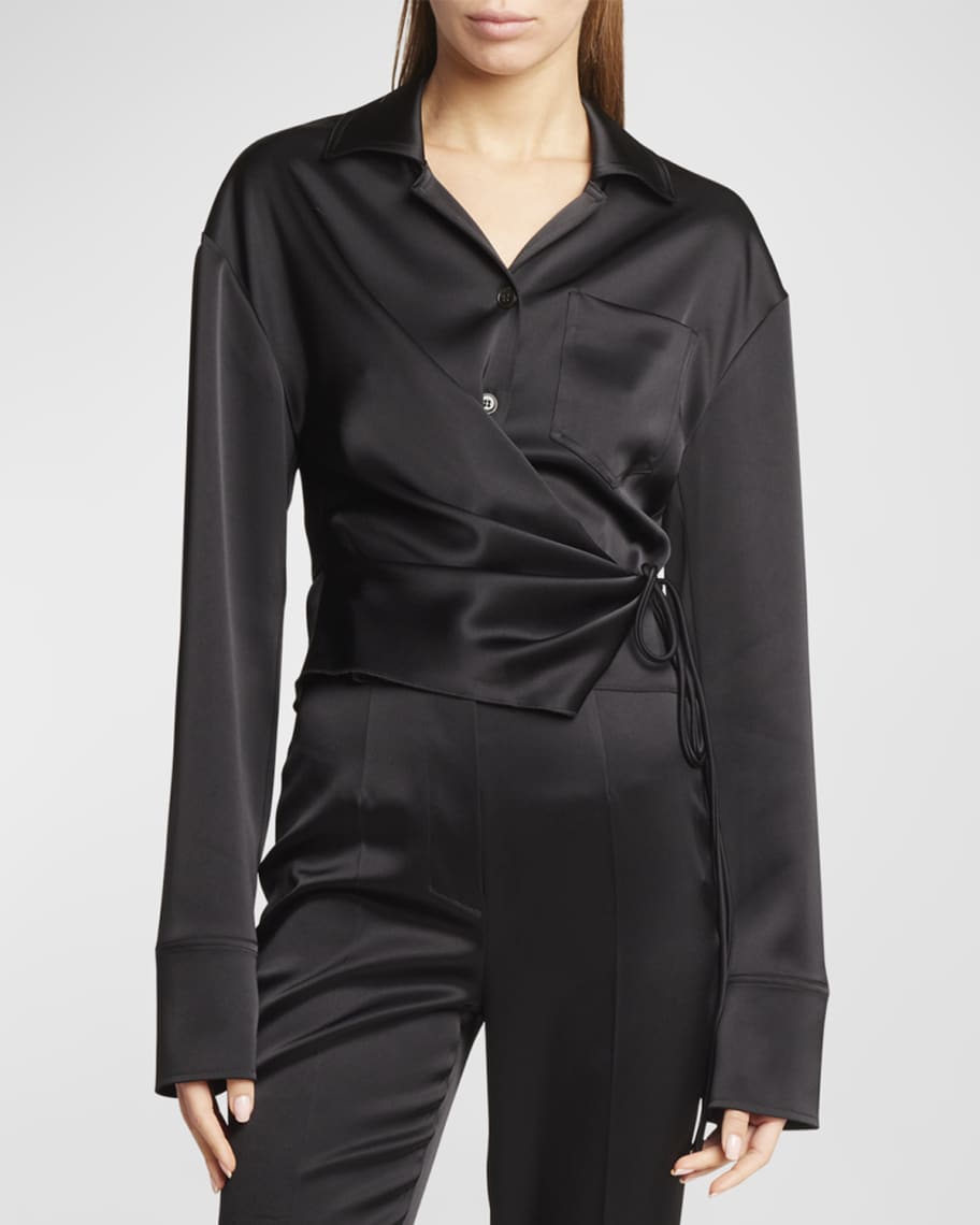 Nanushka Merano Button-Front Satin Wrap Shirt | Neiman Marcus