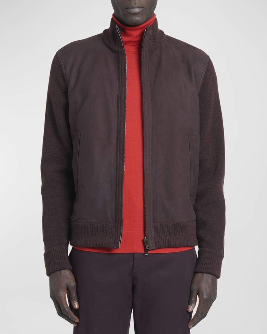 ZEGNA Men's Nubuck Leather Knit Blouson Jacket