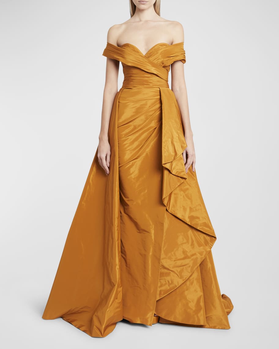 Zuhair Murad Draped Off The Shoulder Side Slit Taffeta Gown