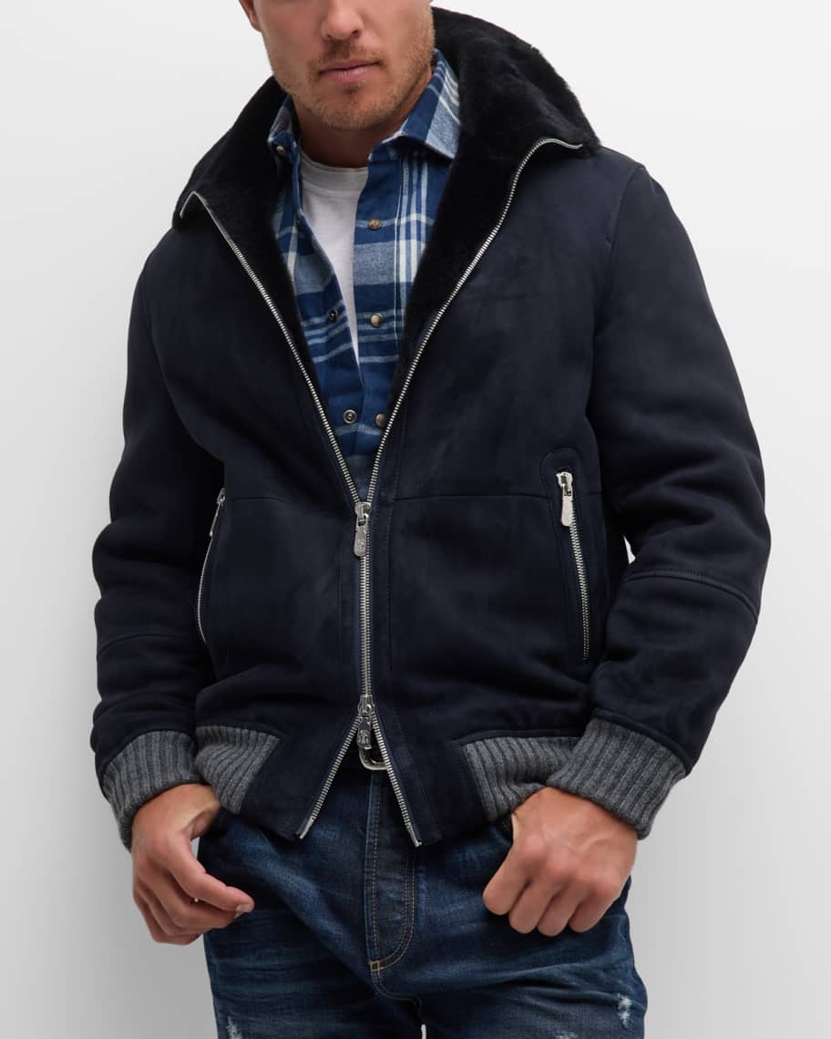 【送料&関税込】Brunello Cucinelli Multicolor Jacket With Al Brunello Cucinelli Men's Suede Bomber Jacket with Fur Collar