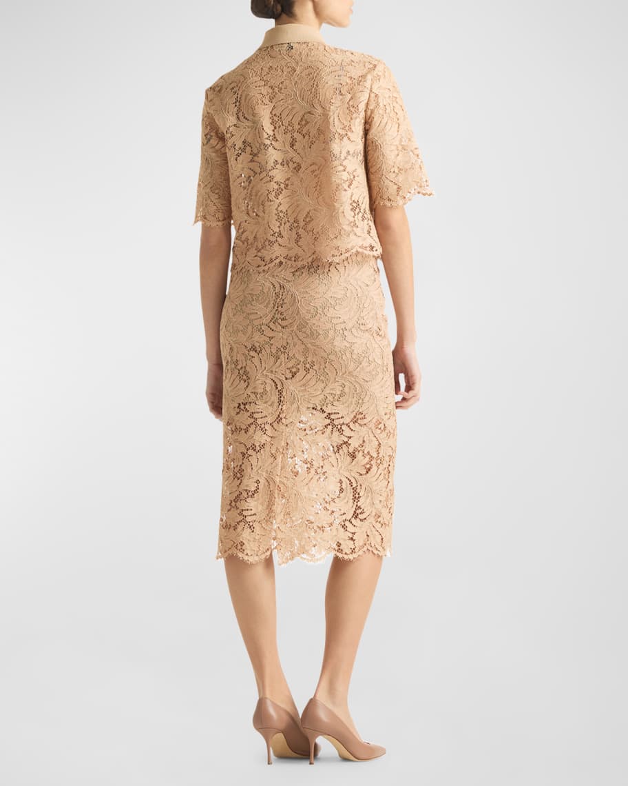 Image 3 of 5: Fern Leaf Lace Elbow-Sleeve Collared Crop Top