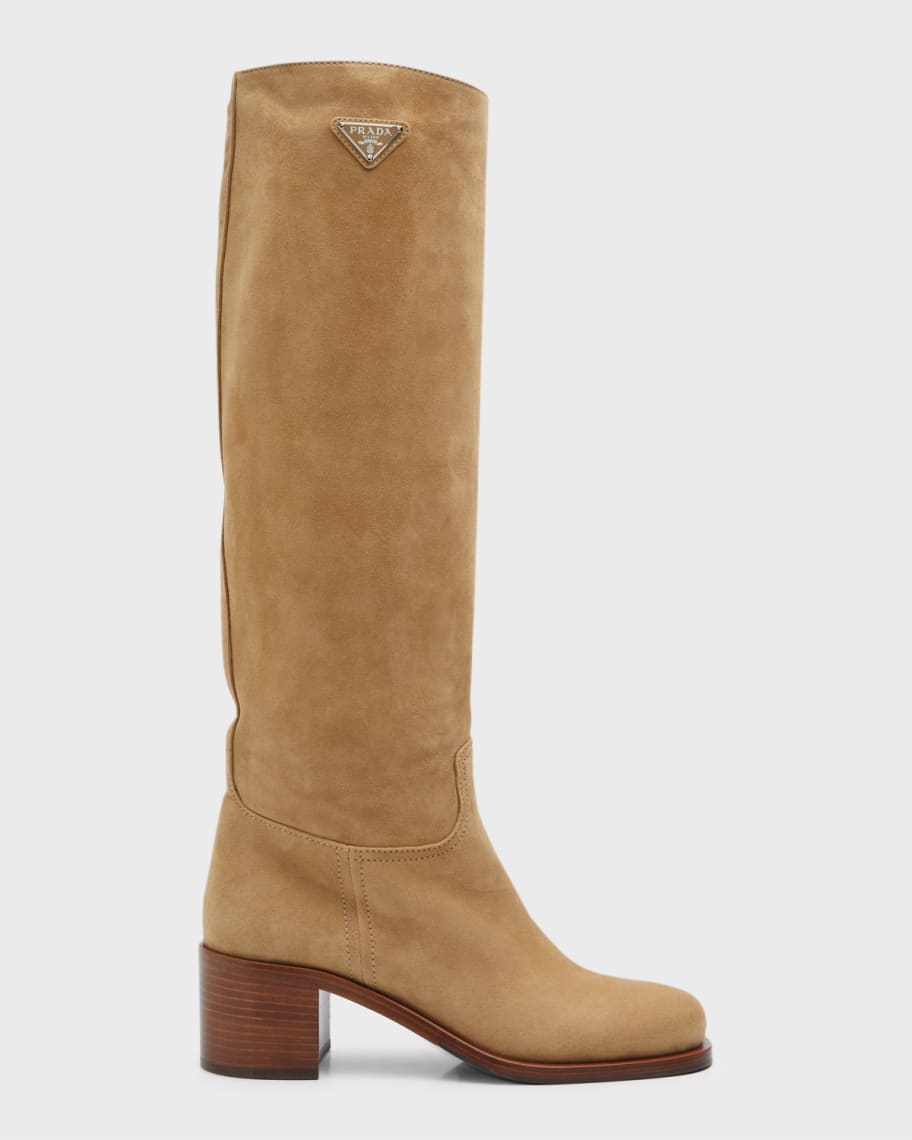 Image 1 of 6: Suede Block-Heel Knee Boots