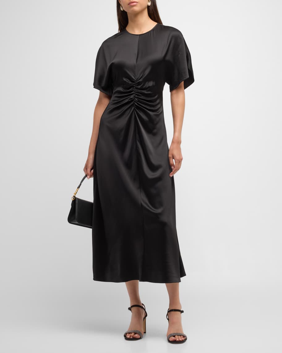 Image 1 of 6: Ruched Wool-Satin A-Line Midi Dress