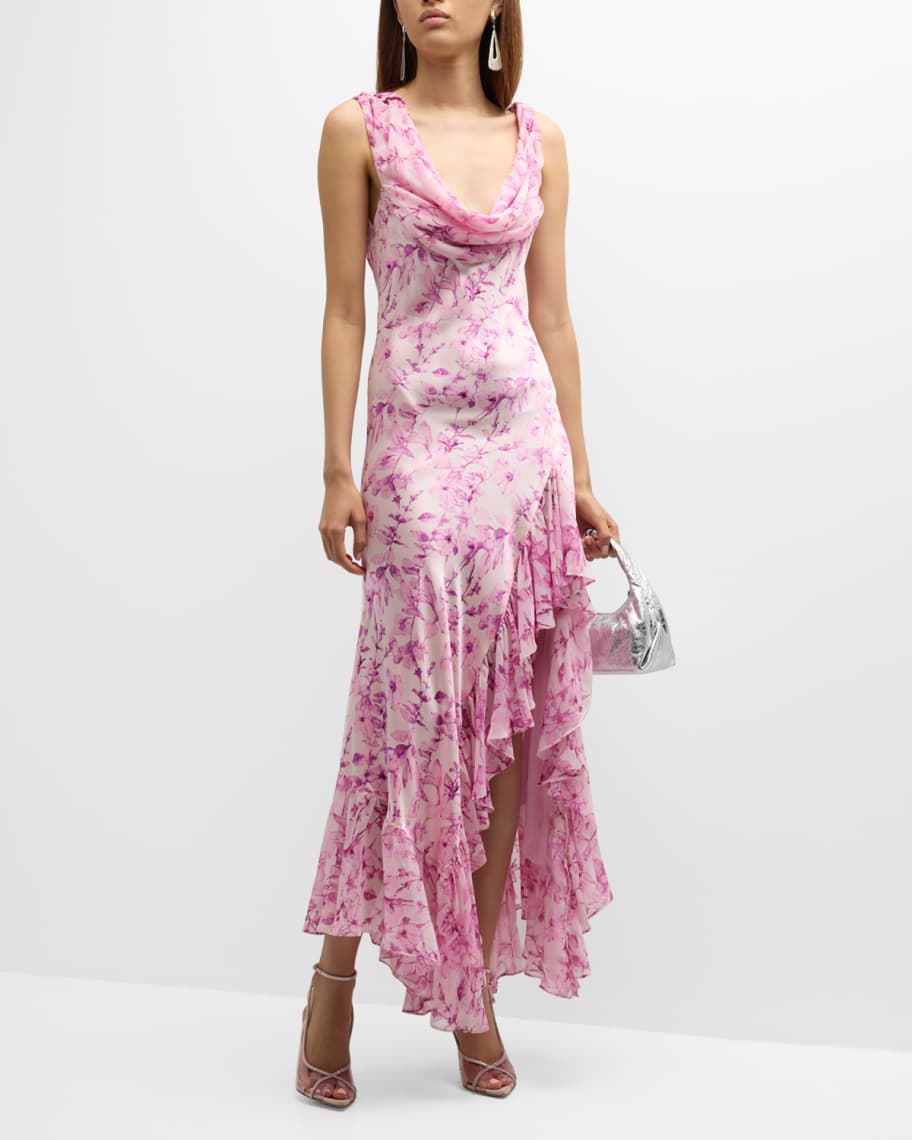 Cinq a Sept Raya Long Floral Silk Sleeveless Ruffle Dress | Neiman Marcus