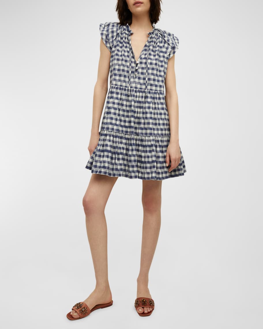 Veronica Beard Zee Check Ruffle-Sleeve Tiered Mini Dress | Neiman Marcus
