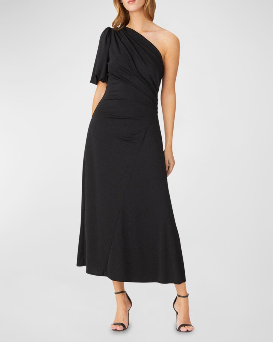 Shoshanna One-Shoulder Ruched Jersey Midi Dress | Neiman Marcus