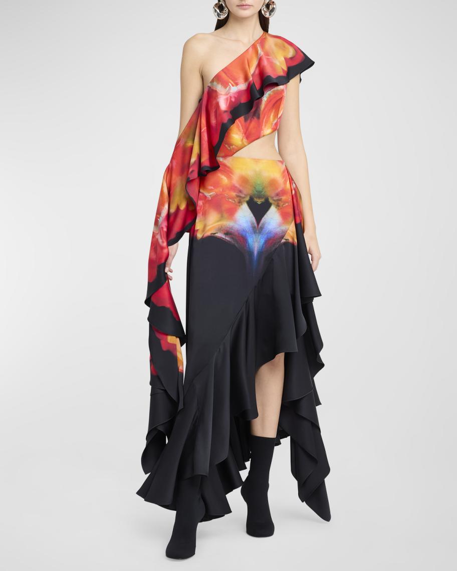alexander mcqueen one shoulder dress McQueen One-Shoulder Asymmetric Evening Dress with Ruffle Details