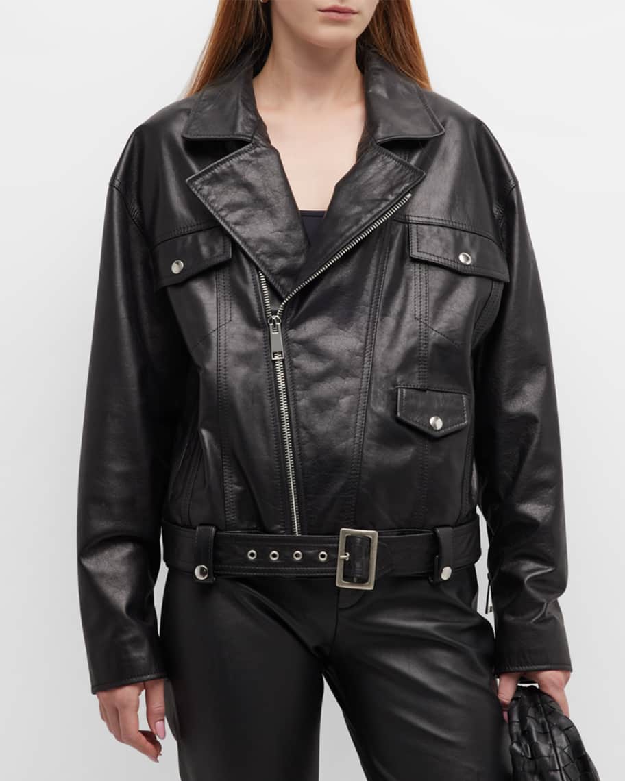 Nili Lotan Lenny Lambskin Leather Belted Biker Jacket Neiman Marcus