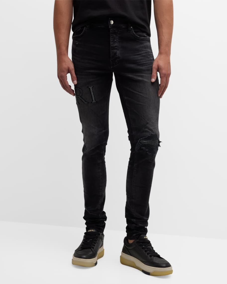 Amiri Men's Faded Skinny Jeans with Staggered Logo - Bergdorf Goodman