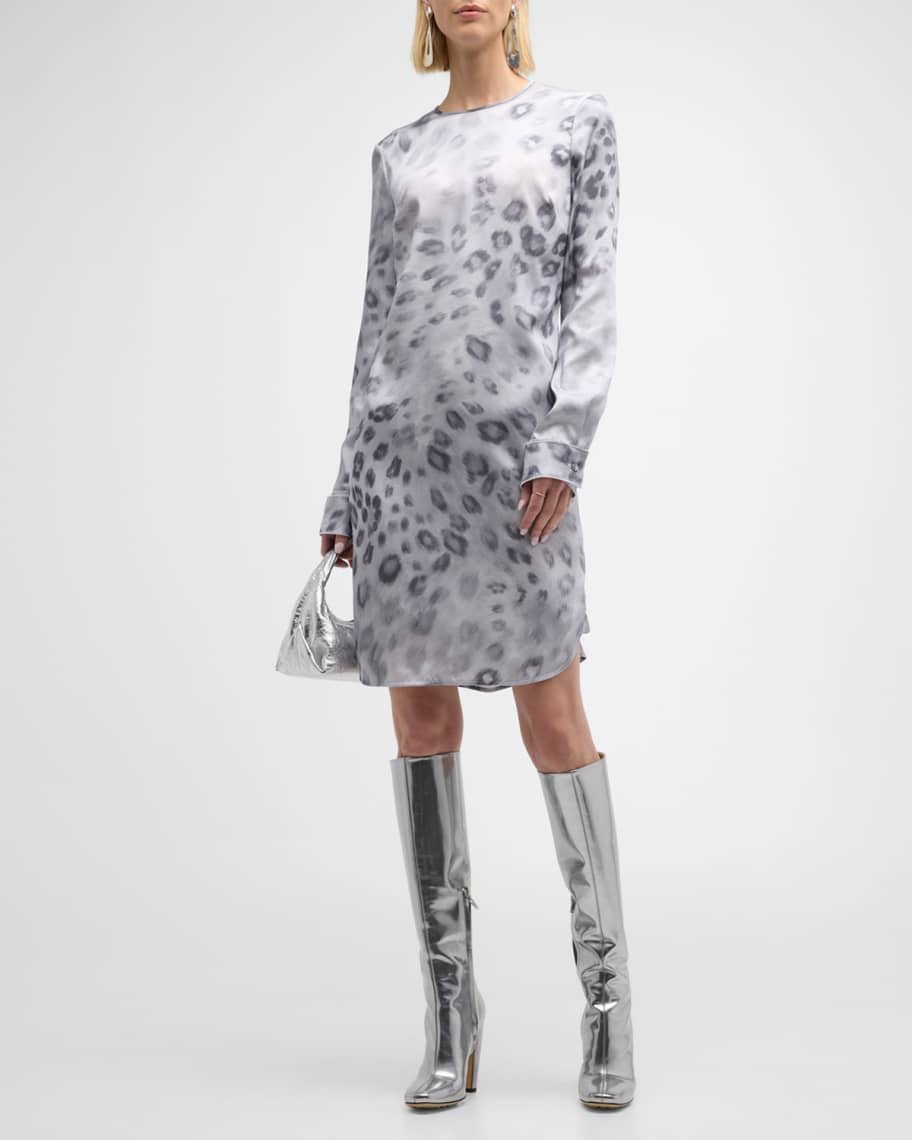 St. John Blur Leopard-Print Long-Sleeve Satin Crepe Dress | Neiman Marcus