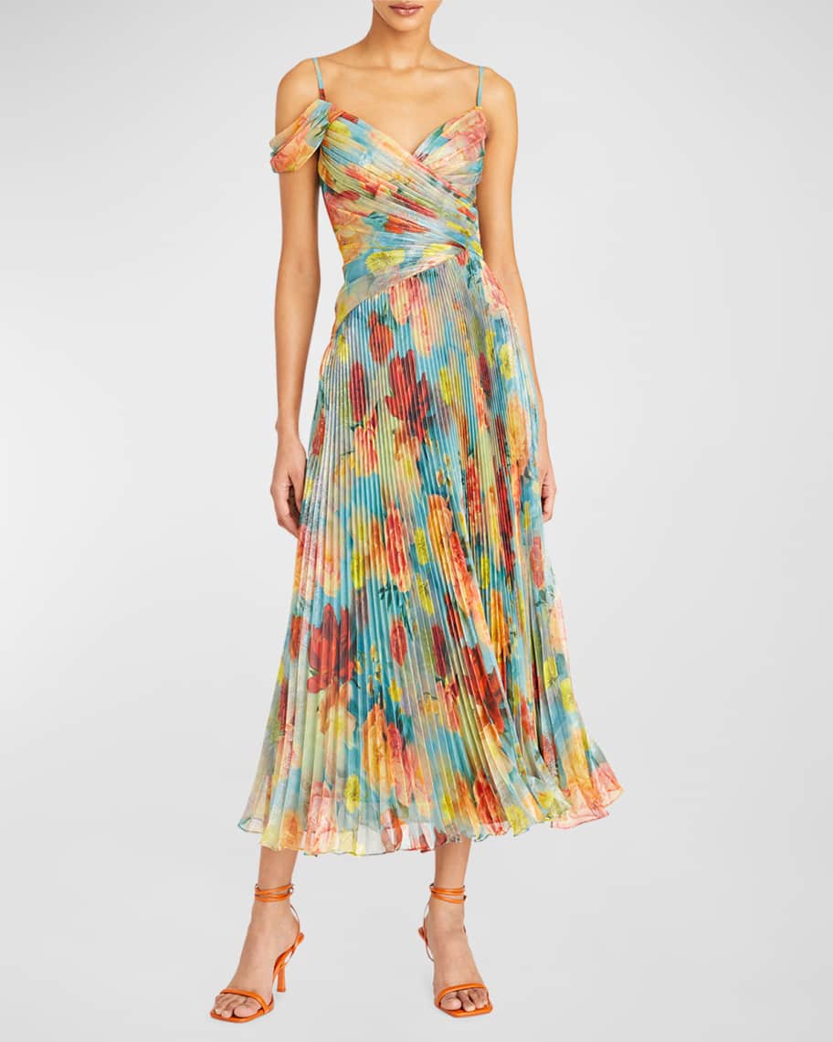 Theia Vienna Pleated Floral-Print Shimmer Midi Dress | Neiman Marcus