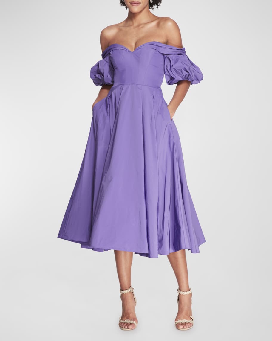Marchesa Notte Pleated Off-Shoulder Taffeta Midi Dress | Neiman Marcus