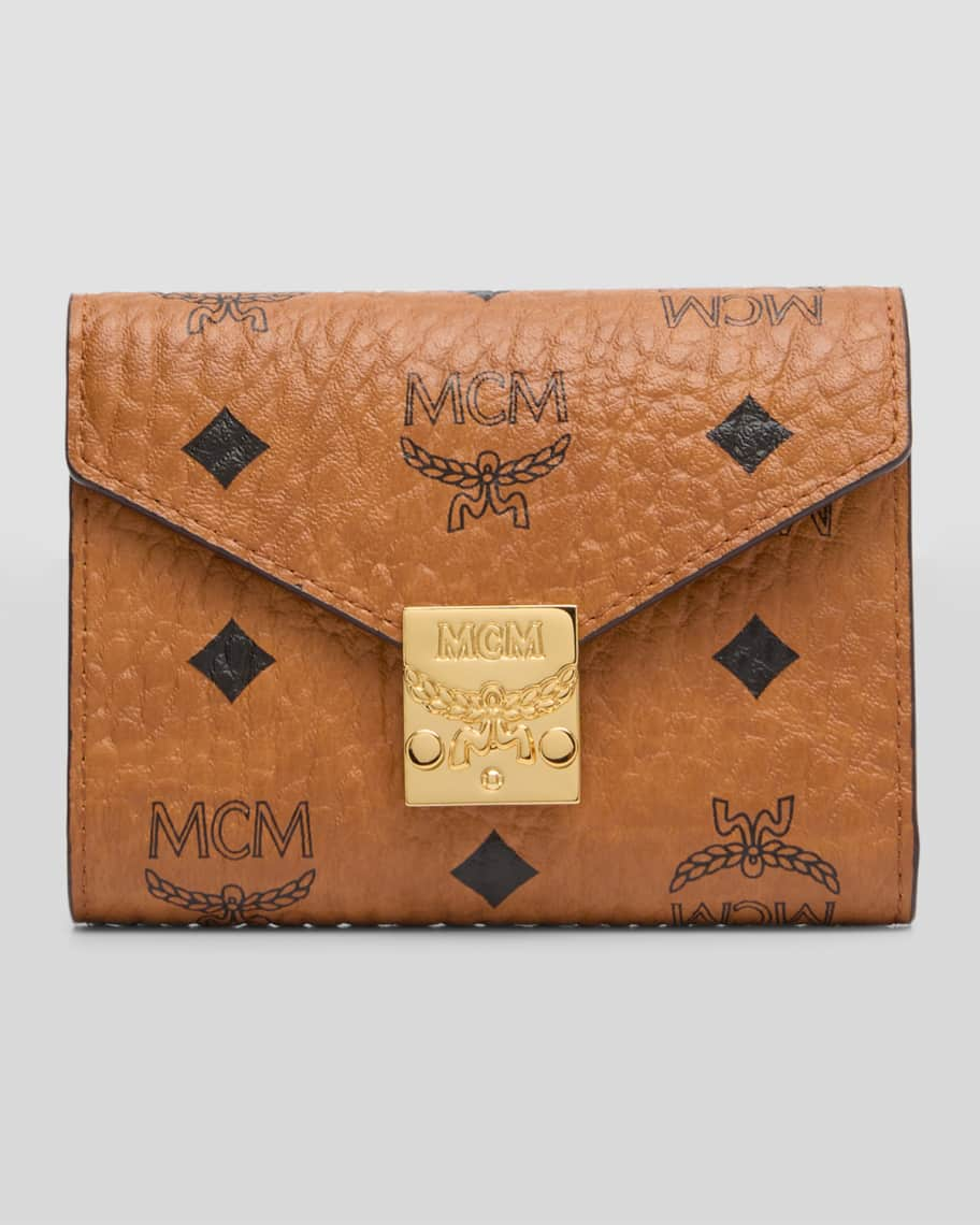 MCM Bifold Visetos Leather Zip Card Wallet Cognac