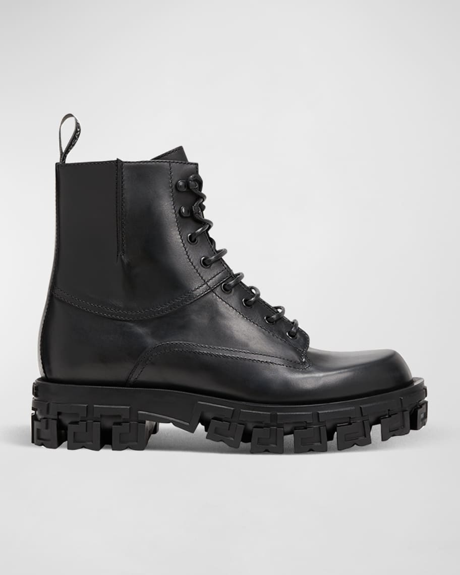 Versace Men's Greca-Sole Leather Combat Boots | Neiman Marcus