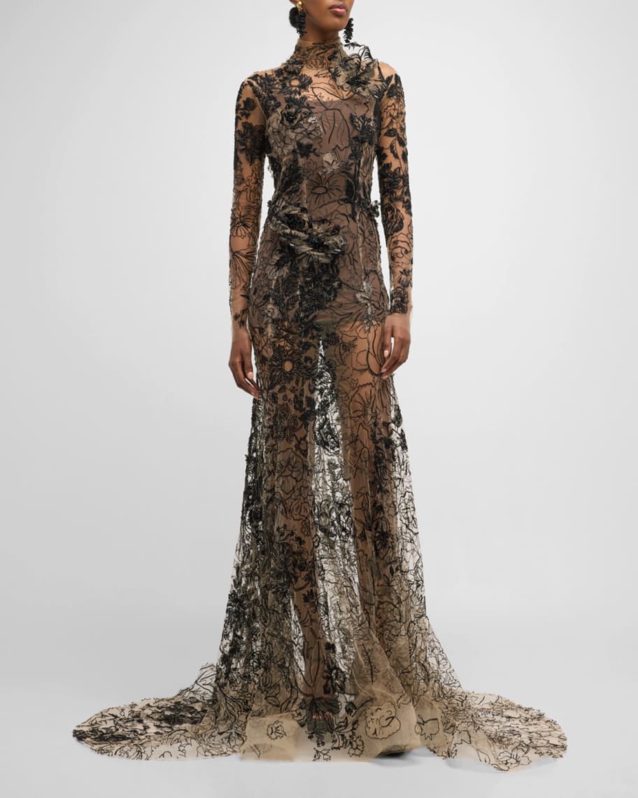 Oscar de la Renta Floral Bead Embroidered Long-Sleeve Sheer Gown ...
